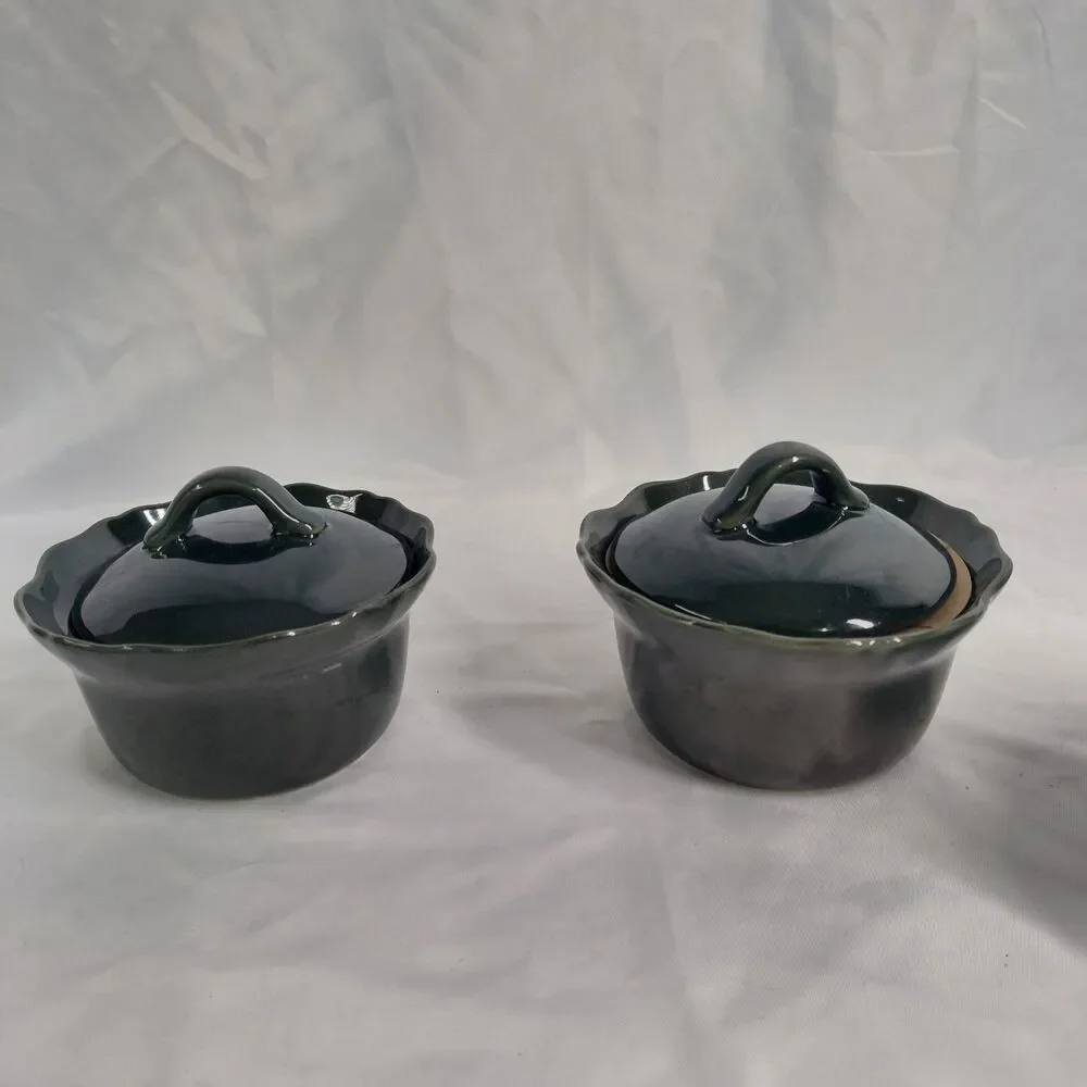 Hearth & Hand Magnolia Stoneware Ramekin Set 6.5oz Dark Green Round 3pc w/ Lids